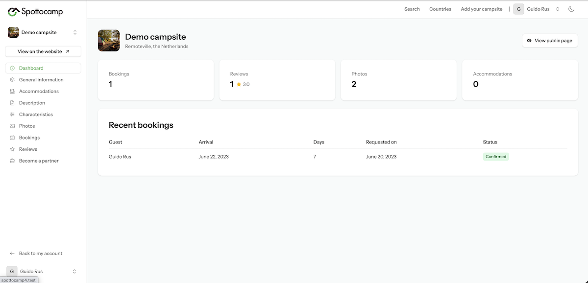 Het eigenaarsdashboard van een camping