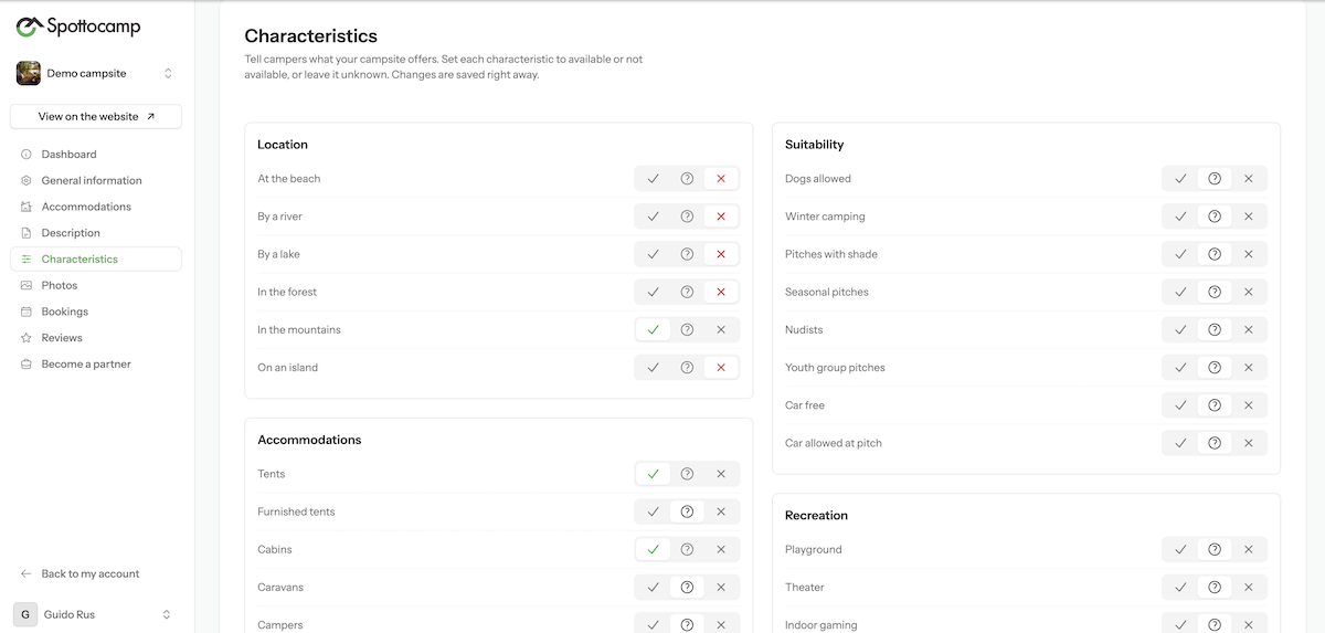 De voorzieningenpagina van het eigenaarsdashboard
